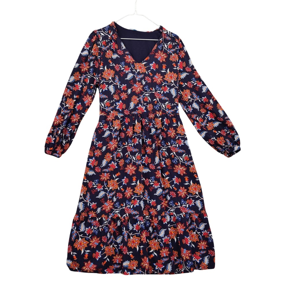 Draper James Womens Cottagecore Peasant Boho Floral Midi Dress L Navy Tiered